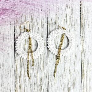 Elegant White and Gold Dangle Crochet Handmade Earrings